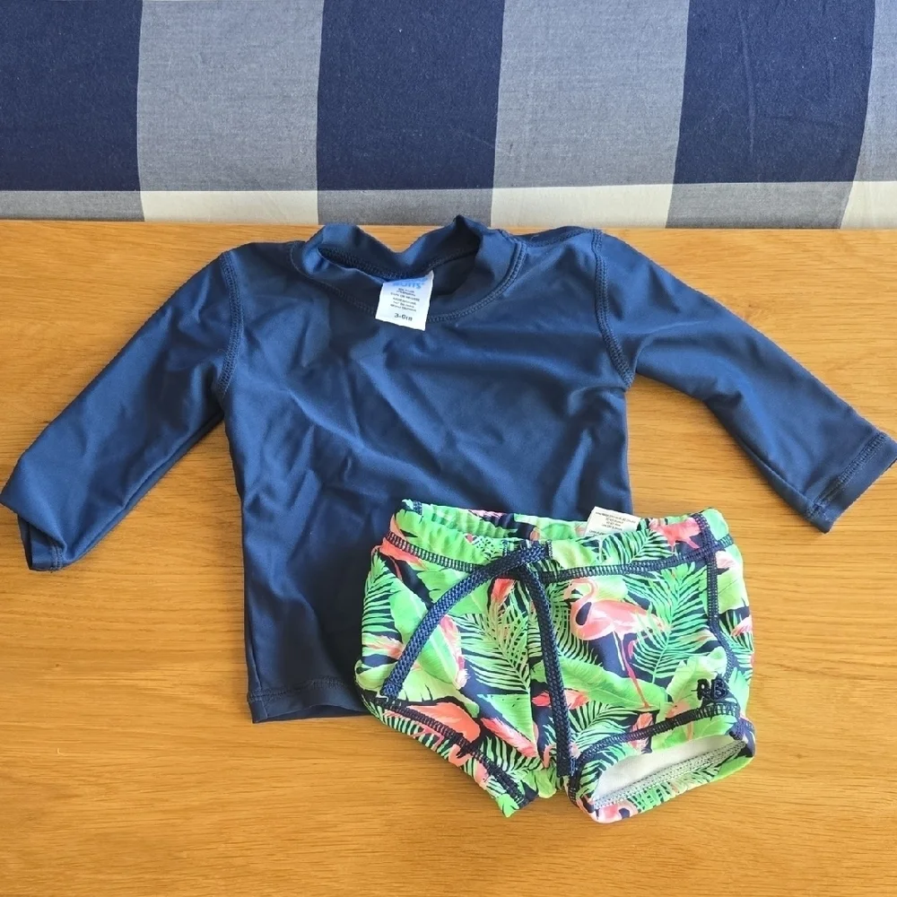 Rugged Butts Tropical Palm Navy Kids  Swim Suit Set, Adorable 3-6mos, EUC, Beach